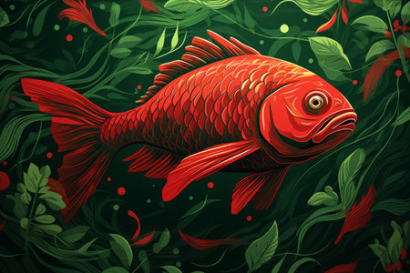 Crimson Glow: Exploring the Vibrant Contrast of a Red Fish on a Green Canvas -AR 3:2の素材