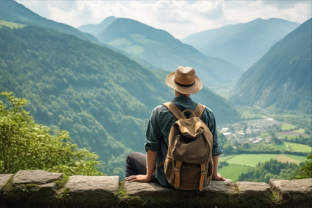 A Serene Adventure: A Young Man's Journey Amidst Green Mountainsの素材