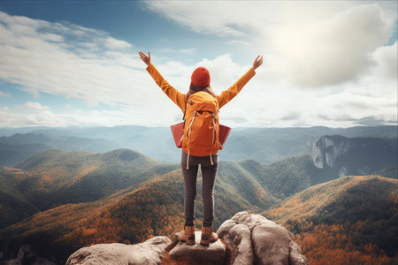 Achieving New Heights: Woman Hiker Triumphs at Mountain Summit with Uplifted Handsの素材