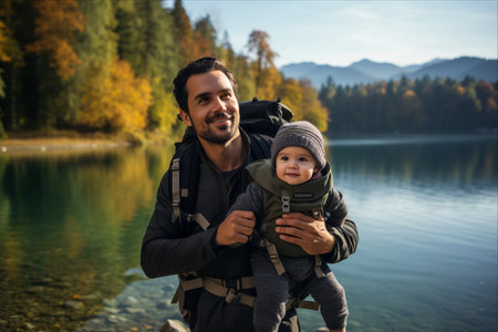 Adventurous Bonding: Father and Baby Exploring Nature by the Lakeの素材