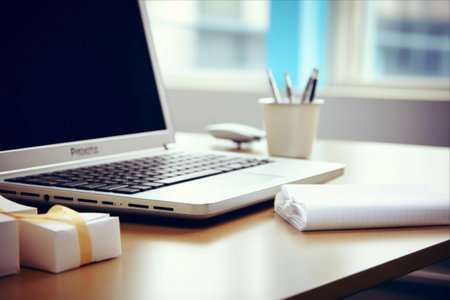 Setting Priorities: Balancing Work and Writing on Office Laptop Keyboardの素材