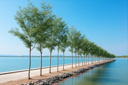 Lamtakong Dam Border: Discover the Enchanting Blue Water Lake and Majestic Trees of Nakhon Ratchasima, Thailandの素材