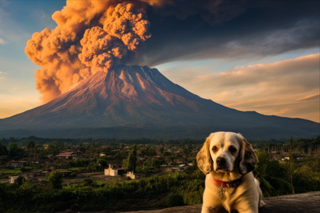 Striking Sight: Dog Captivated by Guatemala's Volcano Majestyの素材