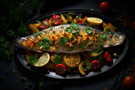Savoring a Delectable Dish: Baked Fish with Colorful Vegetables on a Dramatic Dark Backgroundの素材