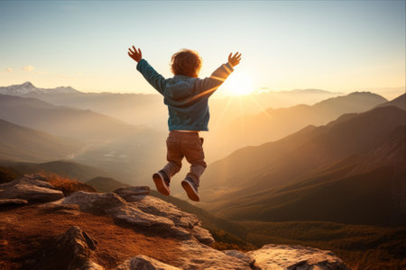 Joyful Child Leaping into Adventure on a Morning Mountain Expeditionの素材