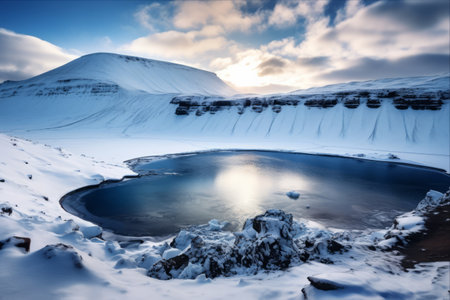 Snow-Covered Beauty: Exploring Krafla Viti Crater Mountain Lake in North Icelandの素材