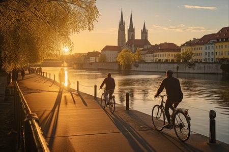 Scenic Sunset Bike Ride Along the Danube River in Rural Regensburg, Germanyの素材