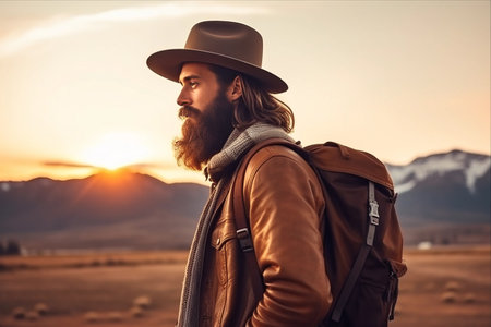 Awe-inspiring Sunset Serenade: Bearded Hipster Tourist Gazes at Snow-Capped Mountain in a Hatの素材