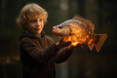Adorable Seven-Year-Old Boy Proudly Displays His Impressive Catch: A Fish of a Lifetime! - AR 3:2の素材