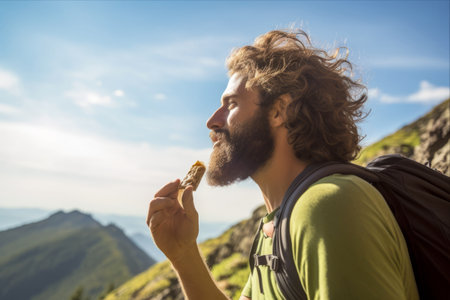 The Serene Hiker: A Snapshot of a Mountain-Munching Cereal Bar Enthusiastの素材