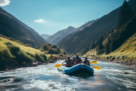 Journey of Adventure: Friends Enjoying an Inflatable Raft Ride Down a Breathtaking Mountain Riverの素材