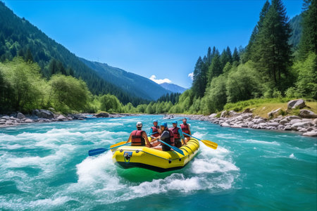 Adventurous Expeditions: Friends Tackling the Thrilling Rapids of a Majestic Mountain Riverの素材