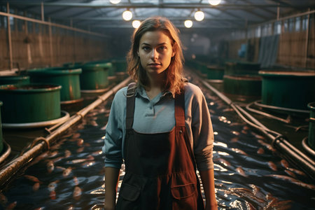 The Empowered Sturgeon Whisperer: A Proud Young Female Owner of a Flourishing Fish Farmの素材