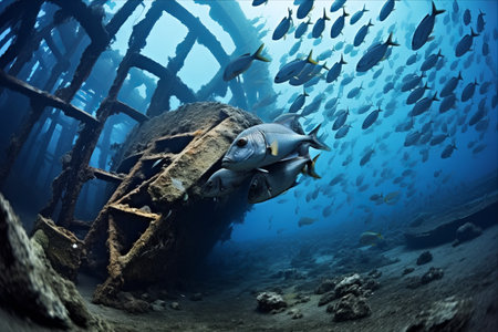 Enchanting Underwater Scene: School of Fish Thrive Amidst an Ancient Shipwreckの素材
