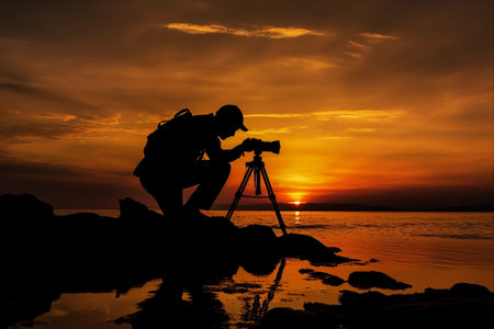 Capturing the Essence: The Silhouette of a Photographer Immortalizing a Breathtaking Sunset Scene - AR 3:2の素材