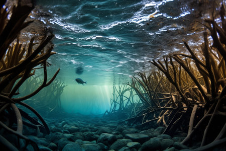 Majestic Dance: A School of Fish Gliding through Mangrove Roots in the Vast Sea - AR 3:2の素材