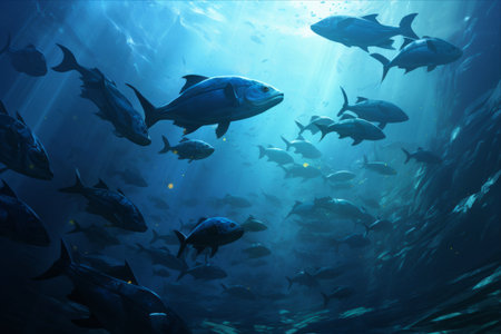 Mesmerizing Underwater Symphony: Harmonious Unity of a School of Fishの素材