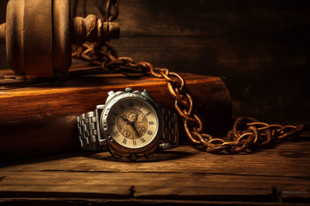 Timeless Charm: A Captivating Still Life featuring a Retro Watch on a Wooden Backgroundの素材