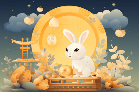 Mystical Delights: Celebrating the Happy Mid Autumn Festival with Adorable Rabbit and Scrumptious Baked Mooncake. Witness the Enchantment of AI Generative Image --ar 3:2の素材