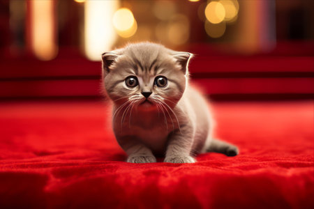 A Delightful Scottish Fold Kitten Strutting on a Red Carpet - A Captivating 3:2 Portraitの素材