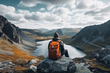 Finding Peace in Solitude: A Man's Journey Through the Majestic Mountainsの素材