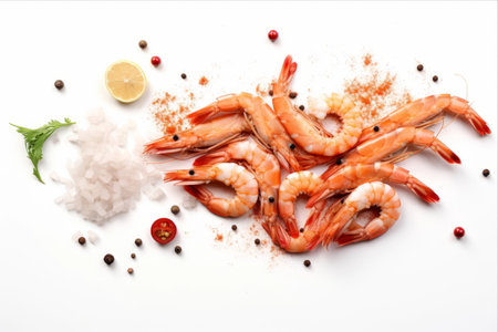 Delicious Seafood Delight: Spiced Shrimps and Fish Showcased with Elegance on a White Backgroundの素材