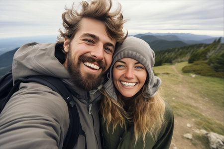 Capturing happy memories: Adventurous couple immortalizes their hiking journey amidst stunning mountain sceneryの素材