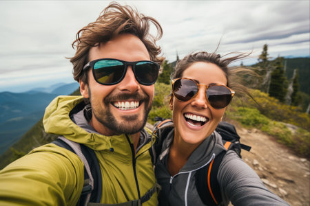 Mountain Lovebirds: Adventurous Couple Captures Smiles on Selfie Journey --ar 3:2の素材