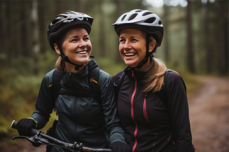 Exploring Nature's Thrills: Adventures Await as Mother and Daughter Gear Up for a Mountain Bike Expeditionの素材