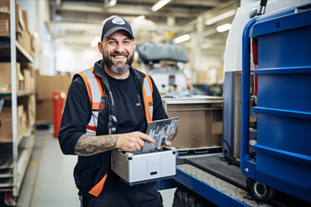 The Tech-Savvy Blue Collar: A Smiling Tattooed Worker Embracing Digital Solutions in the World of Imports and Exportsの素材