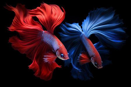 The Mesmerizing Beauty of Thailand's Pla-kad: Unveiling the Captivating Red and Blue Siamese Betta Fish on a Majestic Black Canvasの素材
