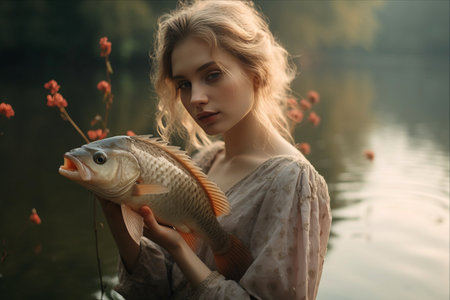 Lakeside Serenity: A Woman's Catch of the Day -- AR 3:2の素材