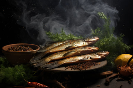 Savor the Delicacy: Spiced Smoked Fish Charms on Dark Backgroundの素材