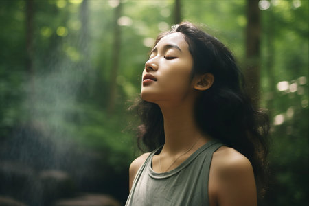 A Serene Asian Beauty Embracing Nature's Freshness in a Forest Sanctuary - Side View Portraitの素材