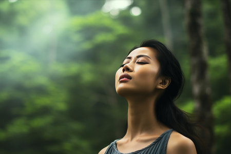 Embracing Serenity: A Side View Portrait of an Asian Woman Reveling in Nature's Renewing Breezeの素材