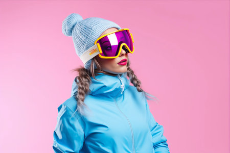 Winter Bliss: Dynamic Snowboarder Woman Exudes Victory on Pink Backgroundの素材
