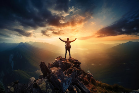 Conquering Heights: Triumph of a Successful Man Hiker on the Mountain Peakの素材