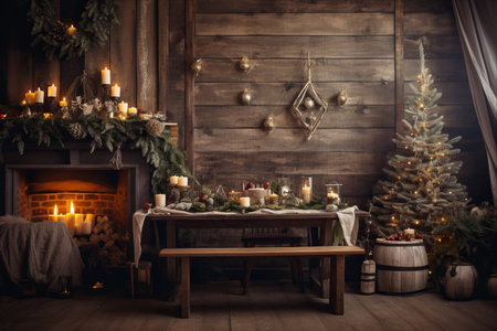 Warm and Inviting Christmas Atmosphere: A Natural Rustic Interior adorned with Delightful Candlelit Table and Charming Decorations, surrounded by Illuminated Garlandの素材