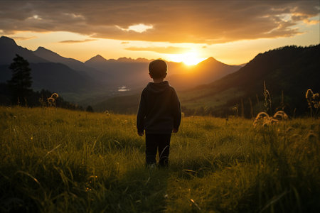 Sunset Serenade: Tranquil Silhouette of a Young Boy Amidst Majestic Mountains and Fieldsの素材