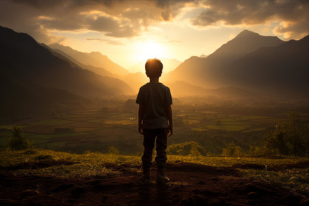 A Majestic Sunset: A Young Boy Silhouetted Against Serene Fields and Breathtaking Mountainsの素材