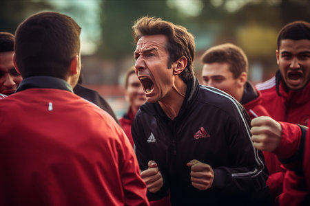 The Intense and Focused Soccer Team Manager Caught Shouting Tactical Instructions from the Sidelines During an Important Playoff Game: AR 3:2の素材
