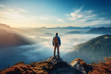 Majestic Sunrise: A Hiker's Triumph atop the Misty Mountainの素材