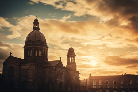 Splendid Silhouette: Galway Cathedral Embracing a Dramatic Sunset Sky in Irelandの素材