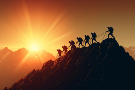 The Power of Teamwork: Silhouettes of Hikers Conquer the Mountain Together -- AR 3:2の素材
