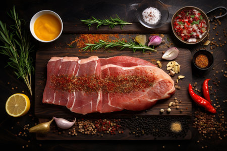 Aromatic Delights: Exquisite Fillet of Beef, Pork, Chicken, and Fish with a Selection of Spices and Seasonings - An Artistic Presentationの素材