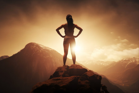 Empowering the Heights: Unveiling the Strength Within - Silhouette of a Resilient Woman atop a Mountainの素材