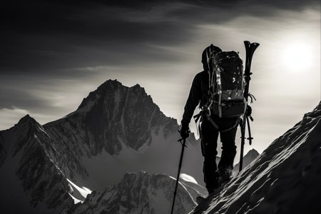 Ascending to Winter Bliss: A Striking Monochrome Portrait of a Skier Conquering Mount Kudebi in the Caucasus Mountainsの素材
