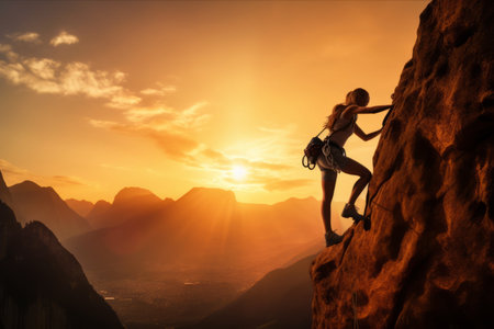Climbing Toward Success: Finding Motivation and Inspiration in the Silhouette of a Woman at Sunsetの素材