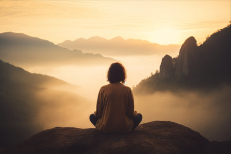 Majestic Morning Bliss: Silhouette Woman Adorning Mountains, Enveloped in Vintage Filterの素材