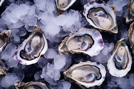 Captivating Seafood Delight: A Top View of Fresh Oysters on Crushed Ice with Generative AI Enhancementsの素材
